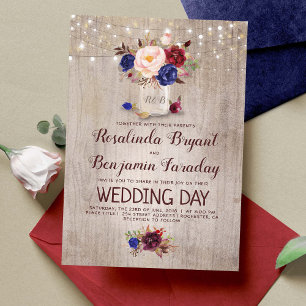 Burgundy Blush Navy Blue Floral Rustic Wedding Invitation