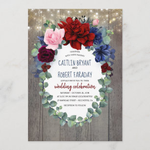 Burgundy Blush Navy Blue Floral Rustic Wedding Invitation