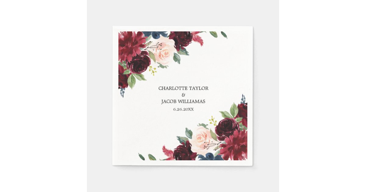 Burgundy Blush Navy Blue Floral Rustic Wedding Napkins | Zazzle