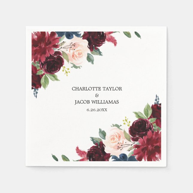 Burgundy Blush Navy Blue Floral Rustic Wedding Napkins (Front)
