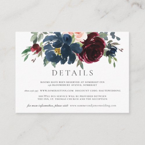 Burgundy Blush Navy Blue Floral Wedding Details    Enclosure Card