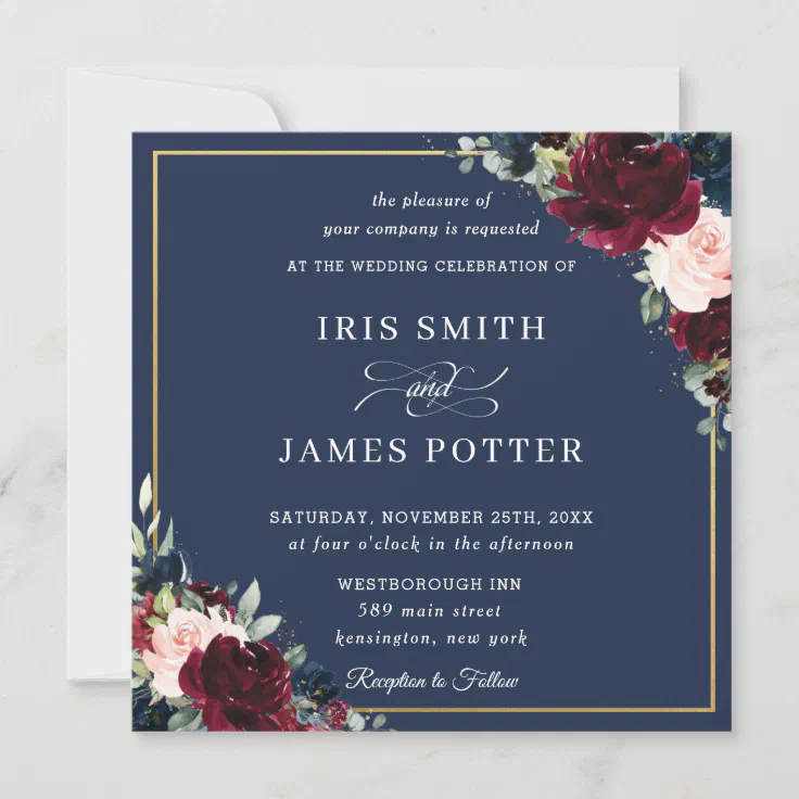 Burgundy Blush Navy Blue Floral Wedding Square Invitation Zazzle