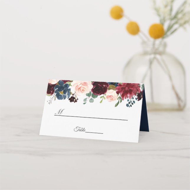 Burgundy Blush Navy Blue Floral Wedding Table Place Card (Front)