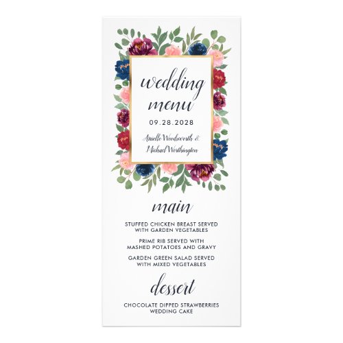 Burgundy Blush Navy Blue Gold Wedding Menu Cards