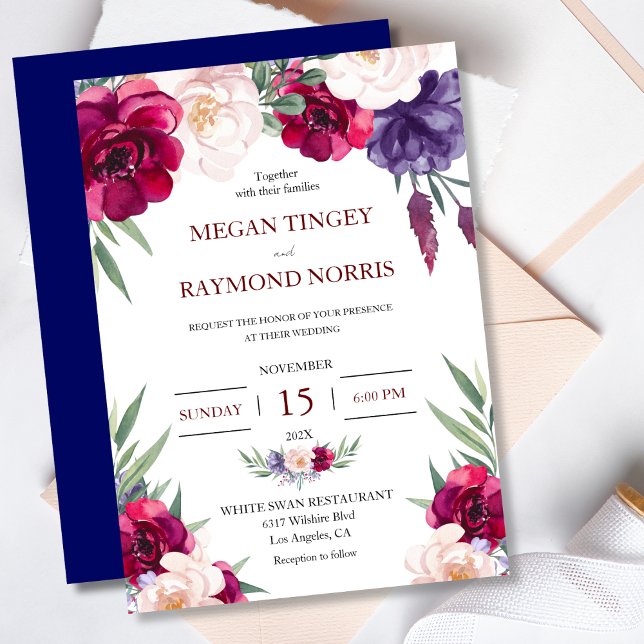 Burgundy Blush & Navy Blue Peony Floral Wedding Invitation (Creator Uploaded)