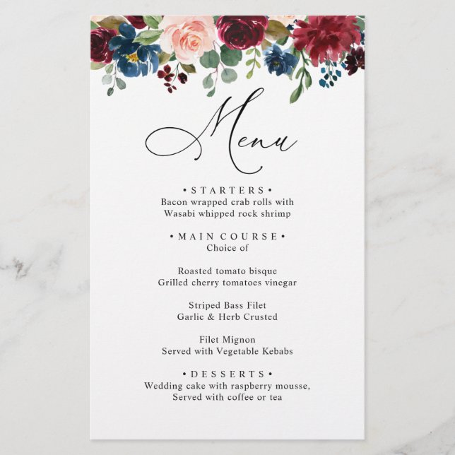 Burgundy Blush Navy Blue Roses Wedding Dinner Menu (Front)