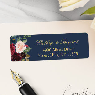 Burgundy Blush Navy Blue Watercolor Floral Address Label