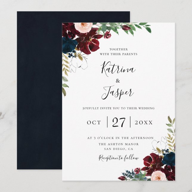 Burgundy Blush Navy Botanical Floral Wedding Invitation (Front/Back)