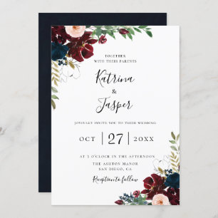 Burgundy Blush Navy Botanical Floral Wedding Invitation