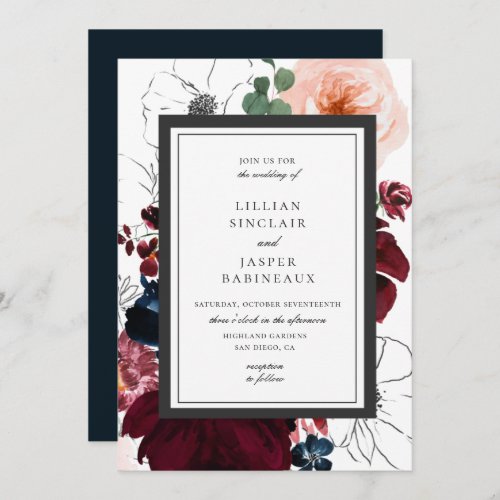 Burgundy Blush Navy Fall Floral Wedding Invitation