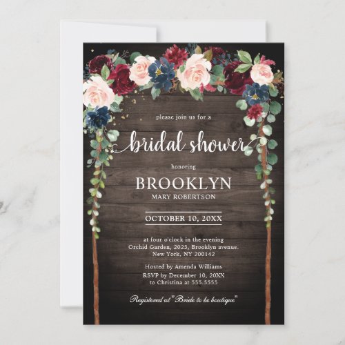 Burgundy Blush Navy Floral Arch Bridal Shower Invi Invitation