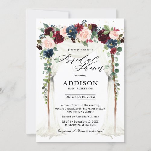 Burgundy Blush Navy Floral Arch Bridal Shower Invitation