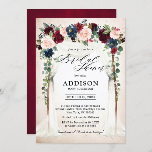 Burgundy Blush Navy Floral Arch Bridal Shower Invitation
