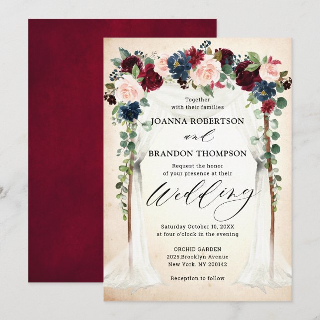 Burgundy Blush Navy Floral Arch Canopy Wedding Invitation (Front/Back)