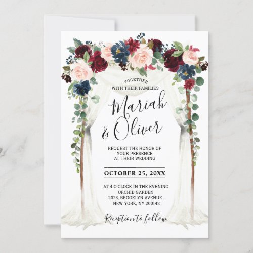 Burgundy Blush Navy Floral Arch Canopy Wedding Invitation