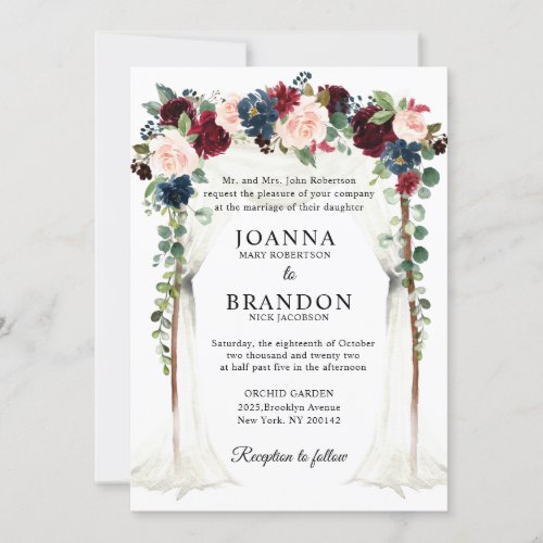 Burgundy Blush Navy Floral Arch Canopy Wedding Invitation