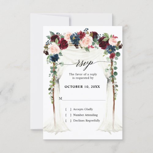 Burgundy Blush Navy Floral Arch Canopy Wedding RSVP Card