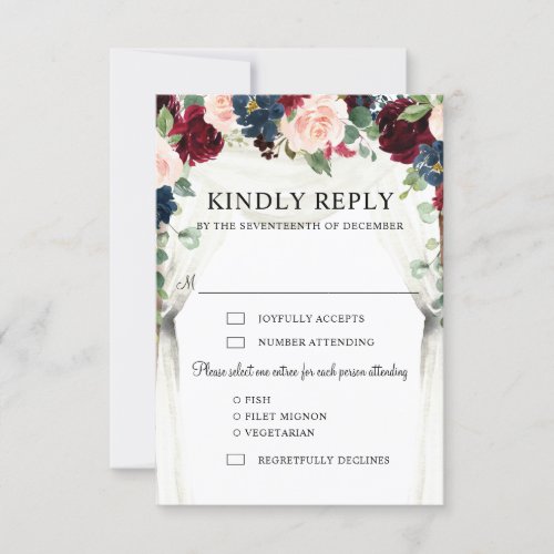 Burgundy Blush Navy Floral Arch Canopy Wedding RSVP Card