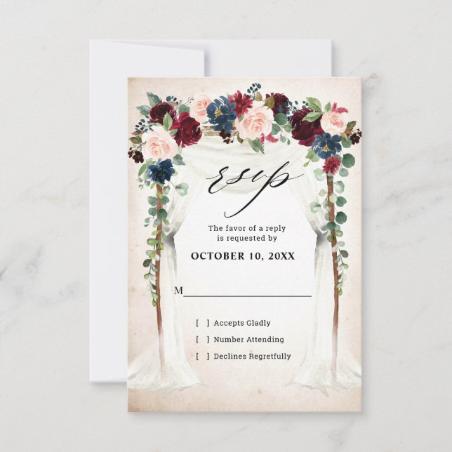 Burgundy Blush Navy Floral Arch Canopy Wedding RSVP Card (Front)