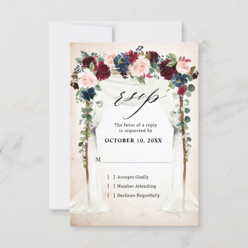 Burgundy Blush Navy Floral Arch Canopy Wedding RSVP Card