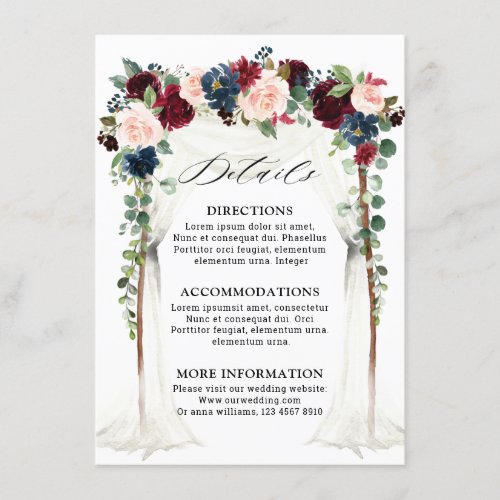 Burgundy Blush Navy Floral Arch Wedding Details Enclosure Card