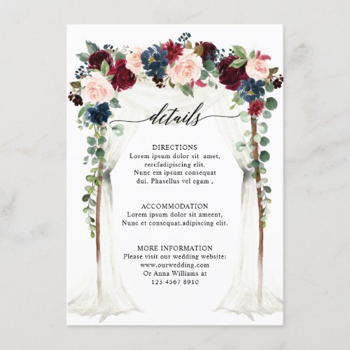 Burgundy Blush Navy Floral Arch Wedding Details Enclosure Card