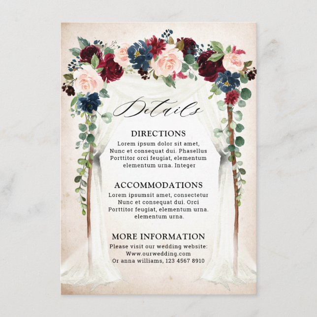 Burgundy Blush Navy Floral Arch Wedding Details Enclosure Card (Front)