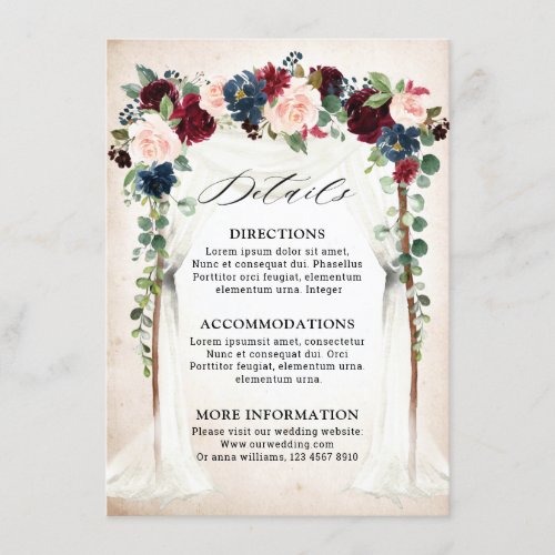 Burgundy Blush Navy Floral Arch Wedding Details Enclosure Card