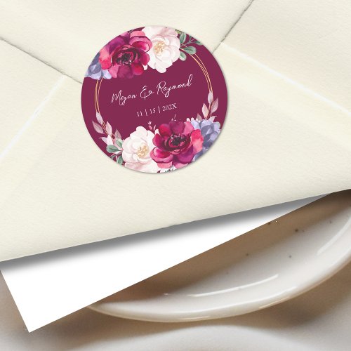 Burgundy Blush Navy Floral Bloom Wedding Favor Classic Round Sticker