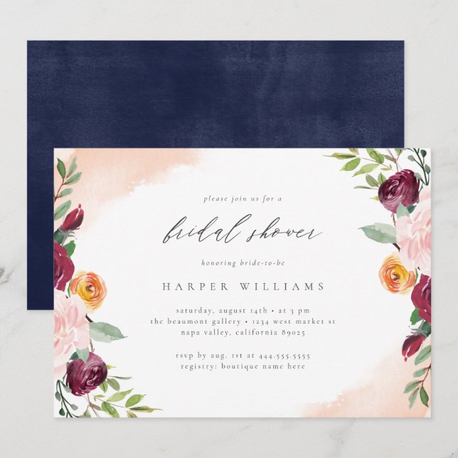 Burgundy Blush Navy Floral Botanical Bridal Shower Invitation (Front/Back)