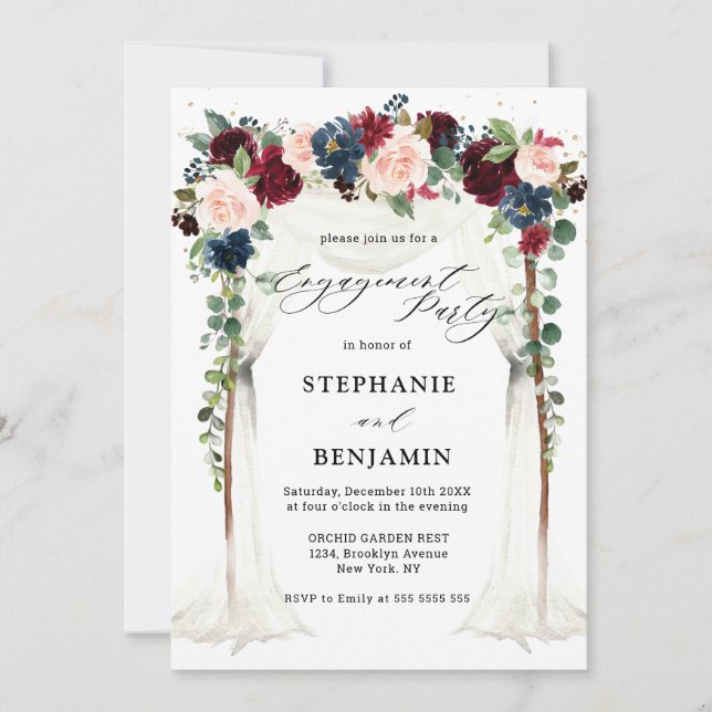 Burgundy Blush Navy Floral Canopy Engagement Party Invitation (Front)