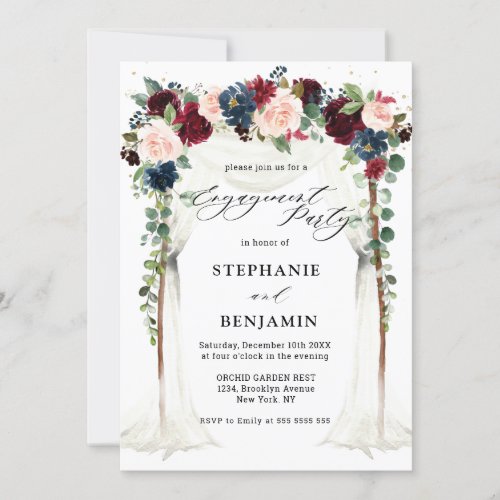 Burgundy Blush Navy Floral Canopy Engagement Party Invitation