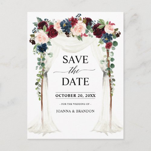 Burgundy Blush Navy Floral Canopy Save the Date Postcard