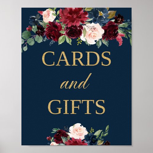 Burgundy blush navy floral cards and gifts sign