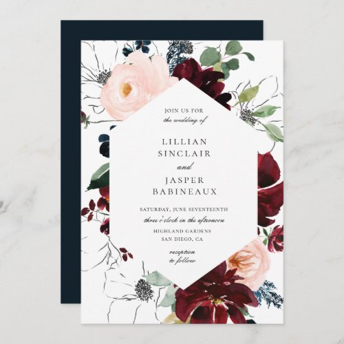Burgundy Blush Navy Floral Frame Wedding Invitation