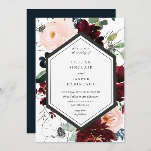 Burgundy Blush Navy Floral Frame Wedding Invitation