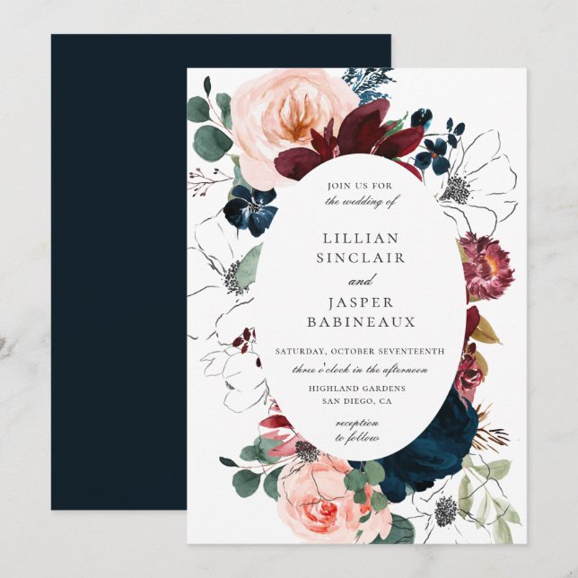 Burgundy Blush Navy Floral Oval Frame Wedding Invitation (Front/Back)