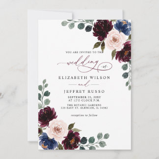 Burgundy Blush Navy Floral QR Code Wedding Invitation