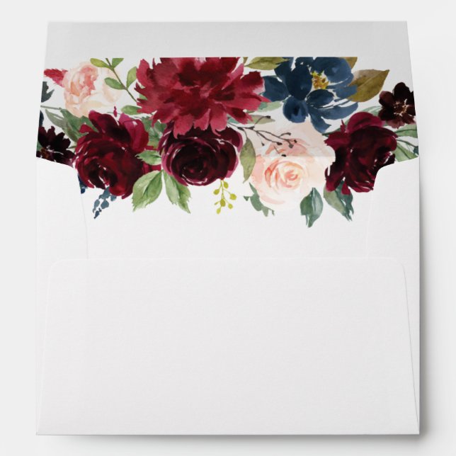 Burgundy Blush Navy Floral Return Address Wedding Envelope (Back (Bottom))