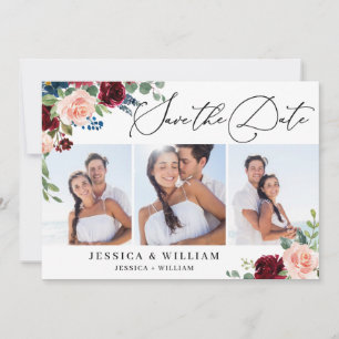 Burgundy Blush Navy Floral Roses 3 PHOTO Wedding Save The Date