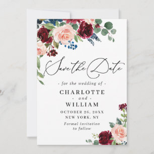 Burgundy Blush Navy Floral Roses Floral Wedding Save The Date