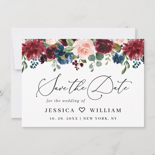 Burgundy Blush Navy Floral Roses Floral Wedding Save The Date (Front)