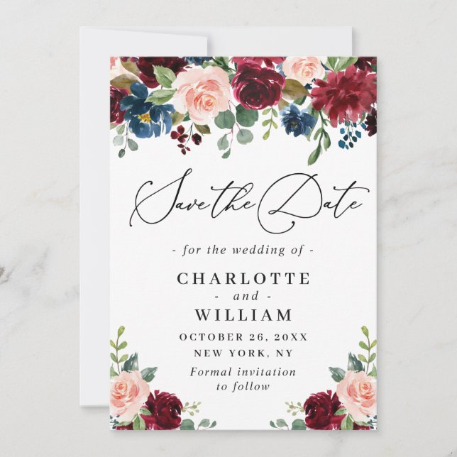 Burgundy Blush Navy Floral Roses Floral Wedding Save The Date (Front)