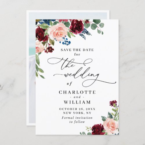 Burgundy Blush Navy Floral Roses PHOTO Wedding Save The Date