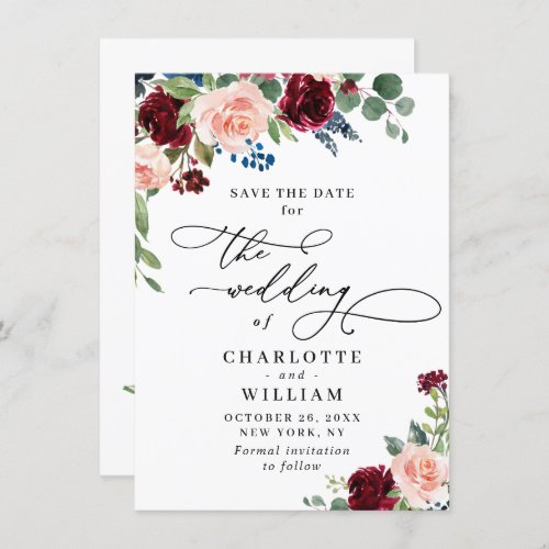 Burgundy Blush Navy Floral Roses Rustic Wedding Save The Date