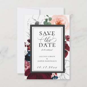 Burgundy Blush Navy Floral Save the Date Announcement