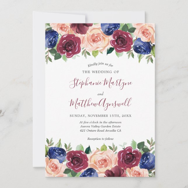 Burgundy Blush Navy Floral Watercolor Wedding Invitation (Front)