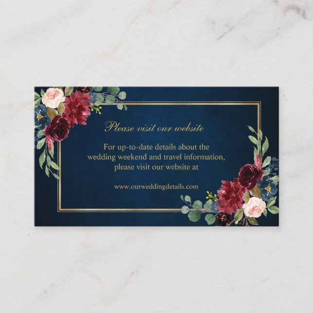 Burgundy Blush Navy Floral Wedding Details Enclosure Card (Front)