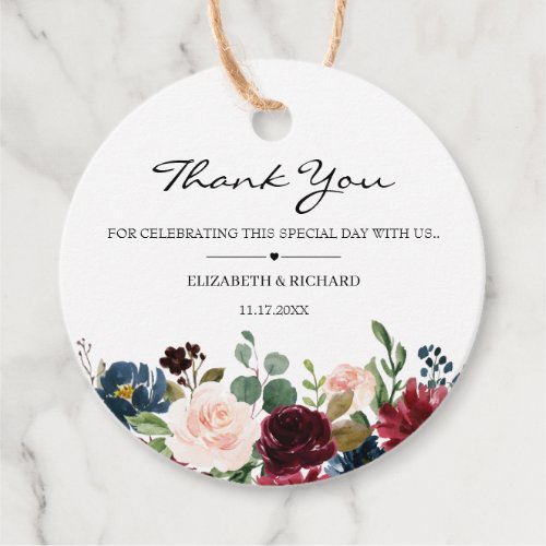 Burgundy Blush Navy Floral Wedding Favor Tags