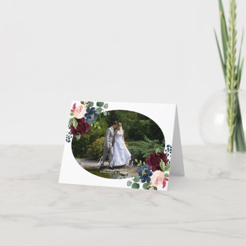 Burgundy Blush Navy Floral Wedding Photo Thank You Card